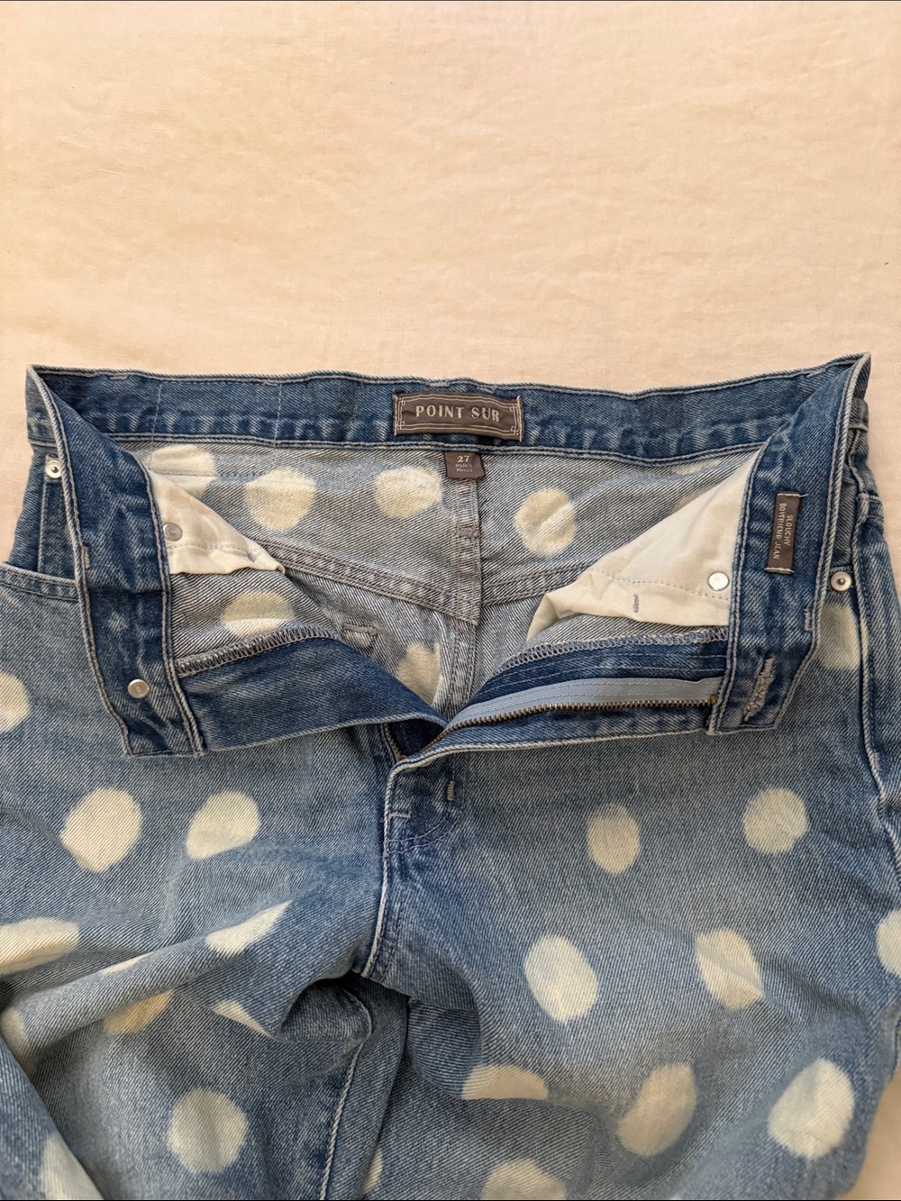 Point Sur for J. Crew Blue Denim Relaxed Leg Jeans with White Polka Dots size 27 - Picture 3 of 11